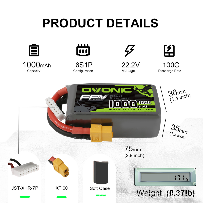 2 Baterías LiPo OVONIC de 1000 - Drone Battery 6S reseña y precio
